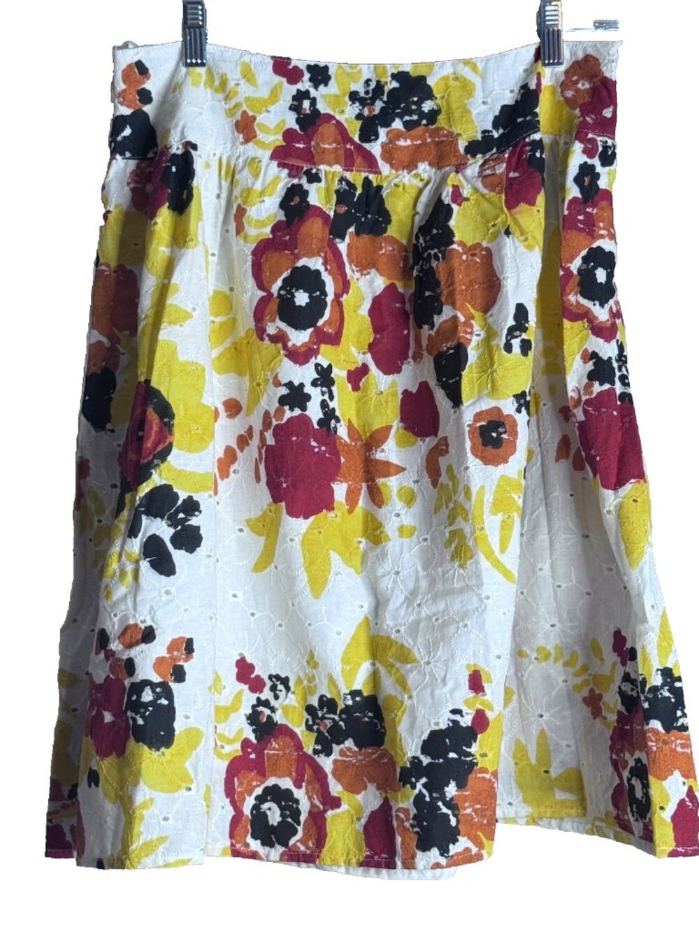Dimri White A-Line Cotton Eyelet Skirt Yellow & Black Floral Print Sz L